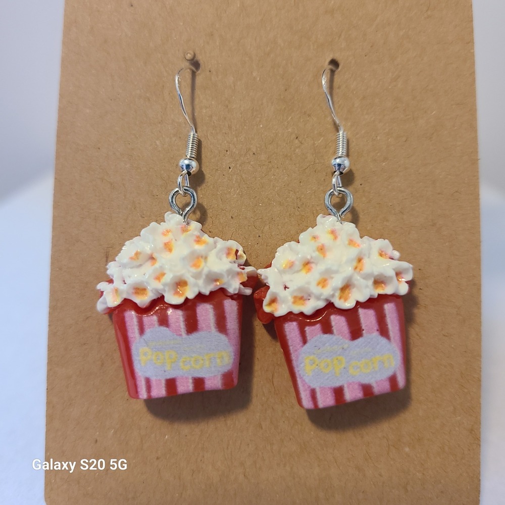 Popcorn Bucket Dangle Earrings, Cute Food Novelty Fun Movie Theatre Jewelry NWOT